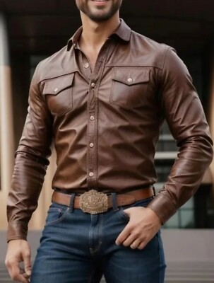 Men's Real Lamb Leather Full Sleeves Shirt Buttoned Front Brown Western Shirt