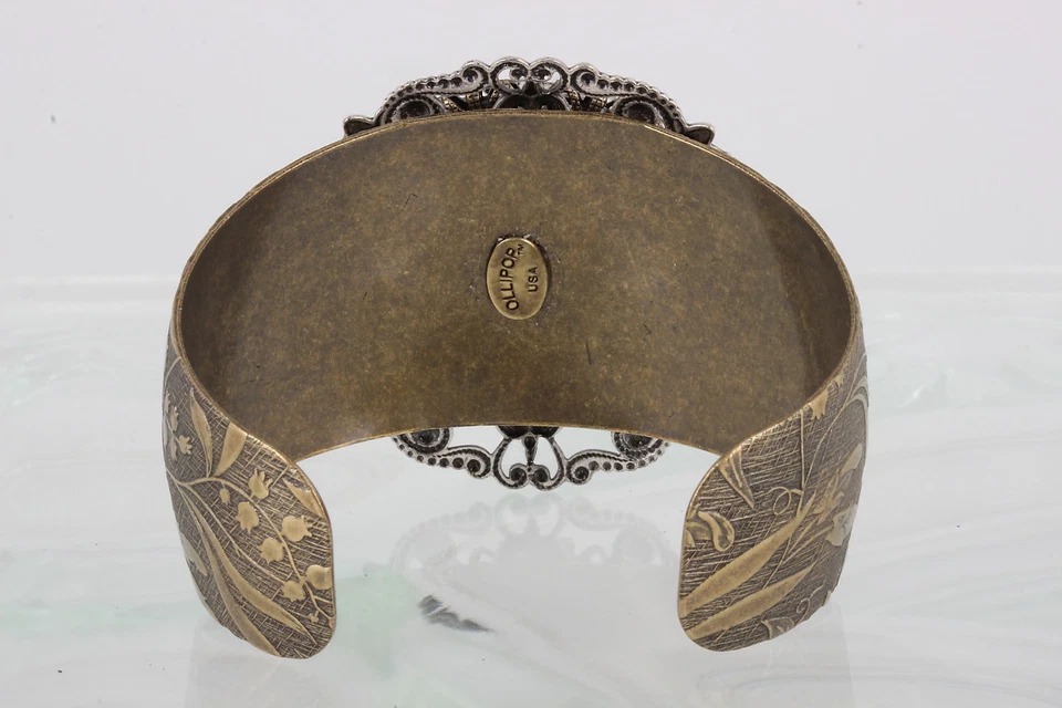 OLLIPOP США ВИНТАЖНЫЙ РЕЗНОЙ ЦВЕТОК ОНИКС КОРАЛЛОВЫЕ КАМНИ ДВА ТОНА МАНЖЕТЫ БРАСЛЕТ 3663 - Изображение 3 из 3