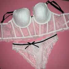 Victoria's Secret 38D CORSET TOP BRA SET XL crotchless panty black WHITE lace