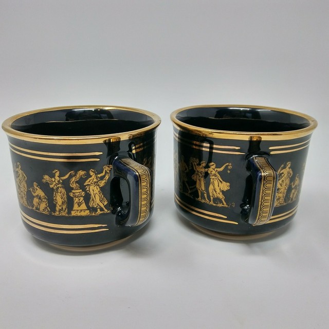 Two Neofitou Keramik Greece black ceramic 24 Karat Gold design coffee