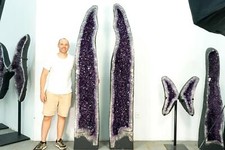 Pair of 8 Ft Tall Giant High-Grade Deep Purple Amethyst Cathedral Geodes