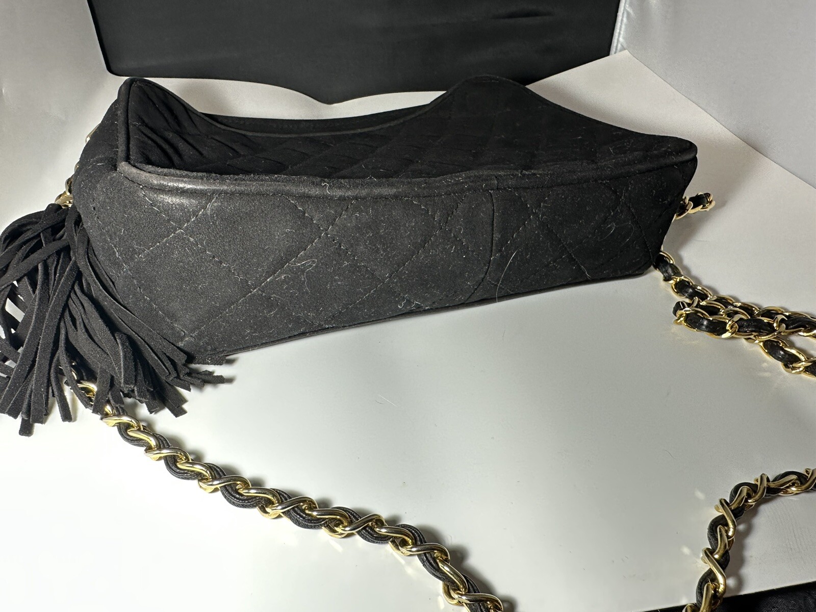 RARE 90s Chanel Black Suede Quilted Shoulder Bag W/Ta… Gem