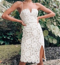 Lulus White Lace Bodycon Midi Dress Small Spaghetti Strap Slit Fitted