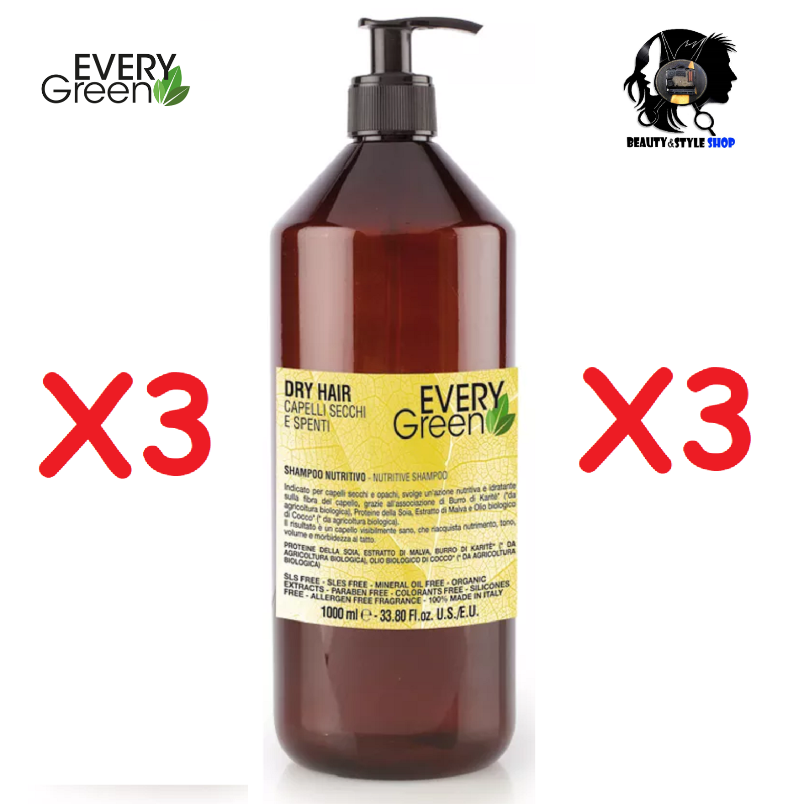 EVERY GREEN DRY HAIR SHAMPOO 3X1000ML NUTRITIVO CAPELLI SECCHI OPACHI