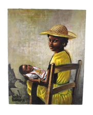 “Mother in a Yellow Dress” Oil Painting On Canvas Signed Bobby Bannarn