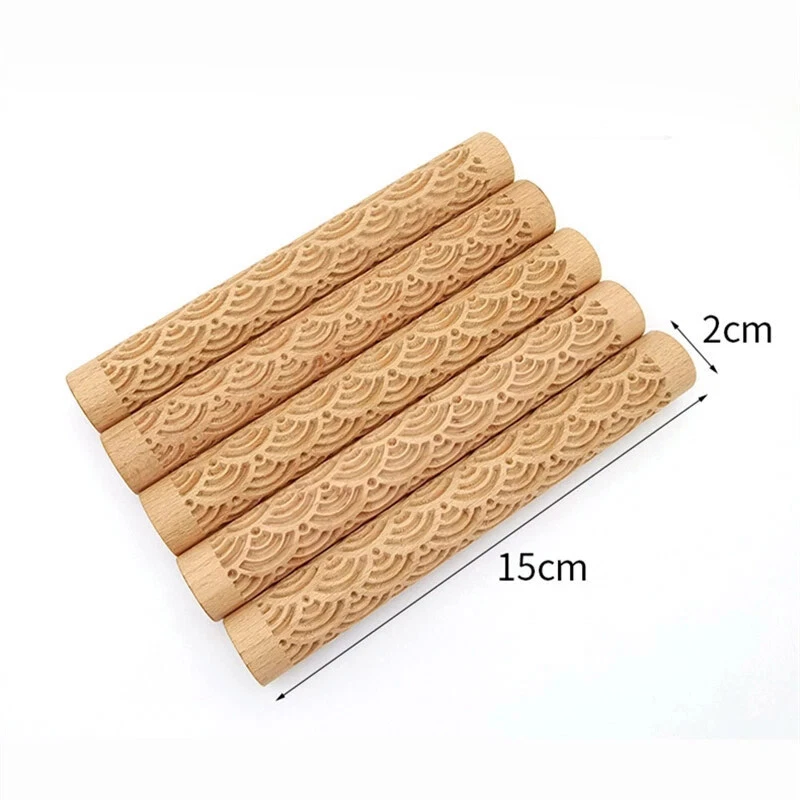 Solid Wood Embossing Rolling Pin Mould Engraved Rod Baking Cookies Cake Roller - Image 2 of 4