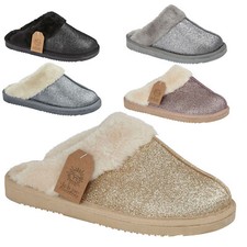 Ladies  Fleece Lined  Slippers Womens Warm Glitter Slip On Mule Winter Shoes
