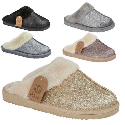 JO & JOE Damen Fleece Gefütterte Hausschuhe Damen Warm Glitzer Slipper Pantolette Winterschuhe