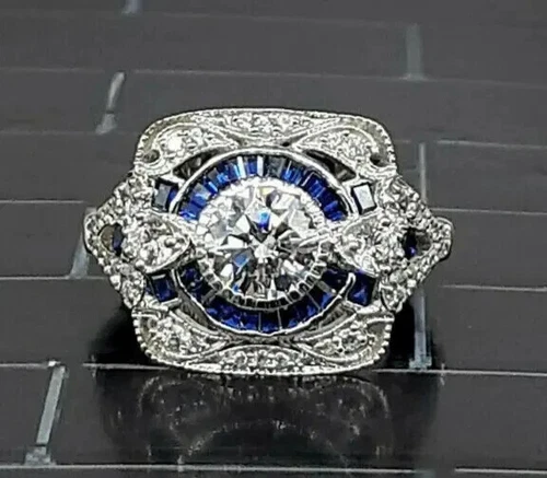 14K White Gold Plated Vintage Art Deco Style Ring 3Ct Round Lab Created Diamond