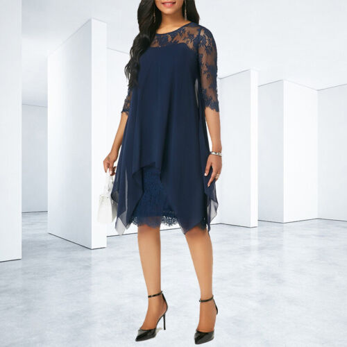 Womens Lace Chiffon Midi Dress Ladies Evening Party Dresses Ball Gown Plus Size - Picture 8 of 9