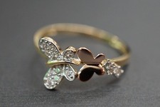 14K Solid Yellow Gold Beautiful Fancy Tri Color Butterfly CZ Ring. Size 7.25