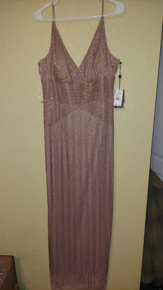 Adrianna Papell Beaded Rose Gold Spaghetti Strap Gown Size 12 - Image 2 of 4