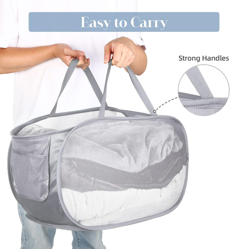 Collapsible Mesh Laundry Basket, Foldable Clothes Hamper, Grey, with Side Pocket - Picture 5 of 6