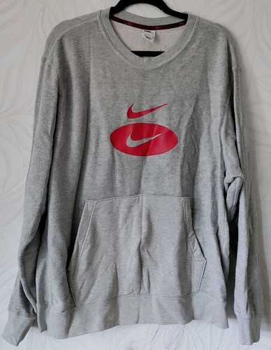 Nike Crewneck Sweatshirt XL Grey Heather Red Swoosh League Kangaroo Pocket Logo - Picture 2 of 15