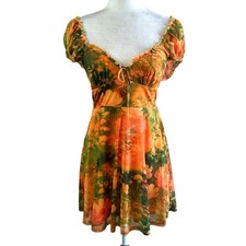 Urban Outfitters Audrey Mesh Lettuce Hem Y2K Style Orange Floral Dress Womens M