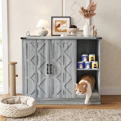 Cat Hidden Litter Box Enclosure Power Outlet, Cat Cabinet Doors Storage Shelves