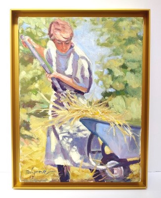 Vintage Hay Harvest Country Farm Scene Painting on Canvas Gold Metal Frame 10x13