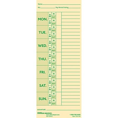 OFFICE DEPOT TIME CARDS DEDUCTIONS 2-SIDED, 3 3/8'' X 8 7/8'', MANILA PACK OF 100