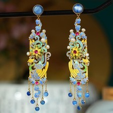 Phoenix Tassel Earrings Enamel Drop Chinese Style Vintage Ethnic Jewelry