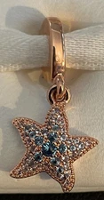 New Pandora 14K Rose Gold Plated Sparkling Blue Starfish Dangle Charm Bead ALE