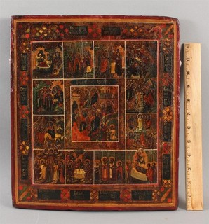 Antique Russian Orthodox 12 Great Feasts Dodekaorton Resurrection Icon Painting