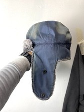 Vintage Soviet Era Black Fur Ushanka Trapper Hat Winter Cap Blue One Size