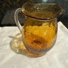 Blenko Glass Small Pitcher Hand Blown Amber 3.5” Clear Ribbed  Applied Handle