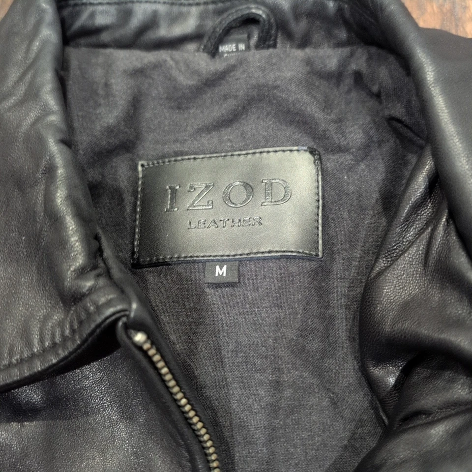 Chaqueta Bomber de Cuero IZOD De Colección Para Hombres M Negra Cremallera Completa Suave Calce Clásico Foto 3 de 4