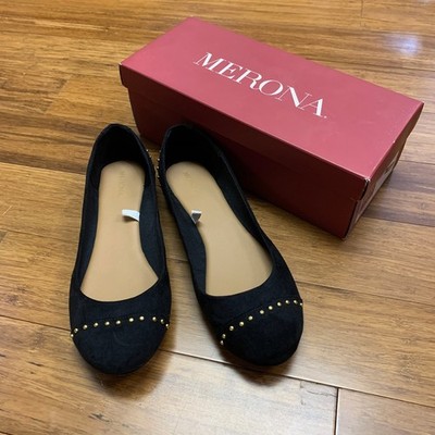 Merona Madeline Black Studded Ballet Flats Women Size 9 Faux Suede Gold Studs