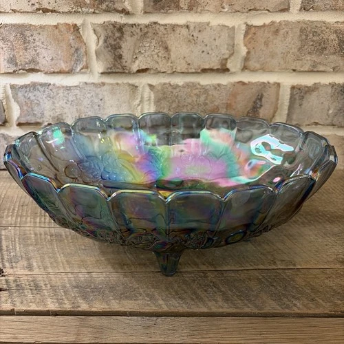 Vtg Indiana Carnival Glass Footed Oval Fruit Bowl Harvest Grape Blue Iridescent