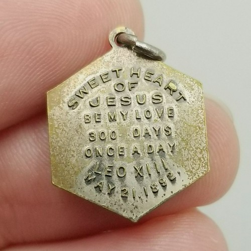 Vintage Sweet Heart of Jesus Pendant Charm Medal Silver Tone Hexagon 1892 - Picture 2 of 7