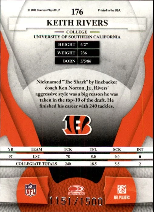 2008 Leaf Certified Materials #176 Keith Rivers RC /1500 - FB - Image 2 of 2