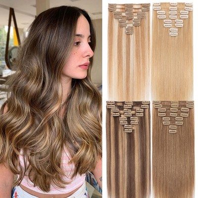 Echthaar 8 Tressen Clip In Remy Haar Extensions Clip Haarverlängerung Glatt Lang