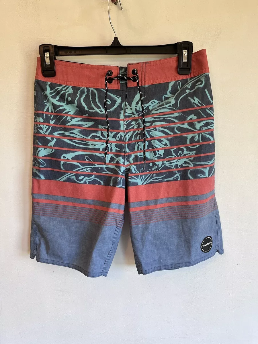 O Neill surf brand surfing board shorts boy s size 14 blue red striped design