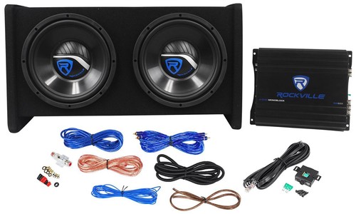 Rockville RV10.2B 1000w Dual 10" Car Subwoofer Enclosure+Mono Amplifier+Amp Kit