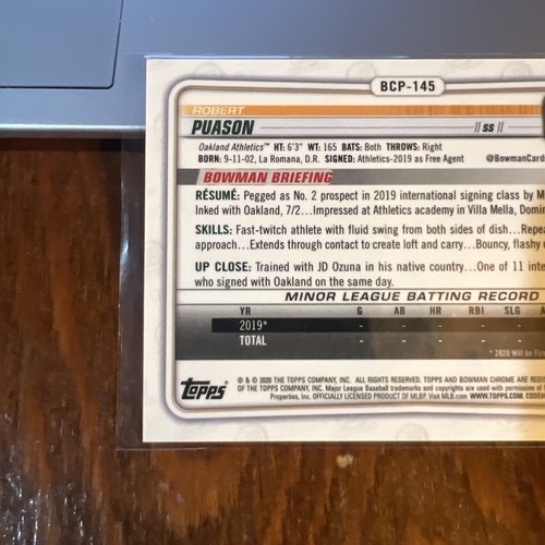 Robert Puason 2020 Bowman Chrome Prospects Blue Shimmer Refractor #BCP-145 /150 - Picture 6 of 6