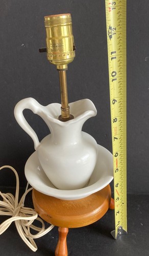 Vintage Ceramic Pitcher-Bowl on Wooden Three-Leg-Base 13" w/o Shade - Picture 11 of 11