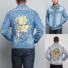 Victorious Men's Ripped Distressed Savage Tiger Washed Denim Jean Jacket DK133