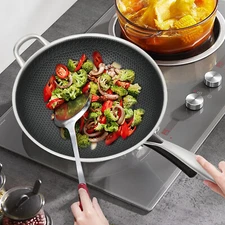 Double Sided Honeycomb Cooking Frying Pan Stainless Steel Non Stick w/ Glass Lid