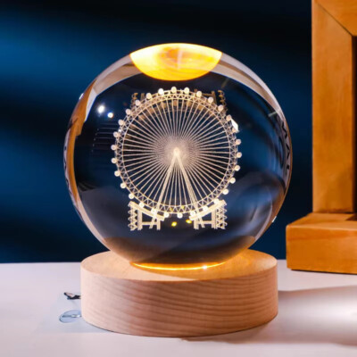 Night Light 3D Crystal Ball, Laser Engraved LED Light Wood Base, Gift for Adult