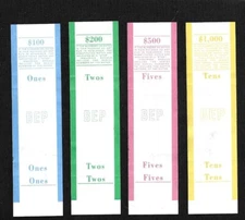 Set of 4 BEP Money Straps - Cash Currency Bands - Bank Bills - $1, $2, $5, & $10