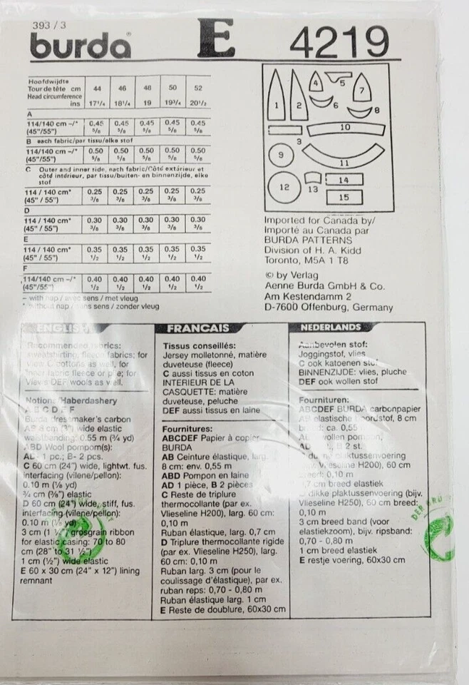 Burda 4219 Childs girls boys Hats n Caps Jester Sewing Pattern Spring - Image 2 of 2