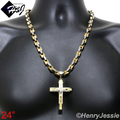 18-40''MEN Stainless Steel 8mm Silver/Gold Plated Interlock Chain Cross Pendant*A