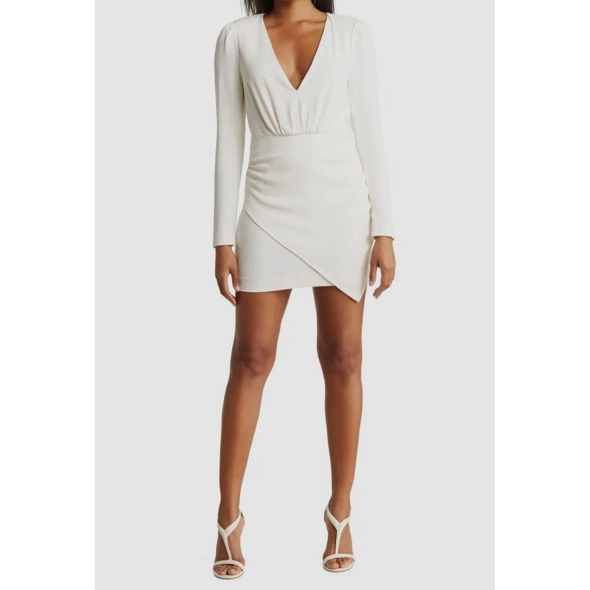 Ramy Brook Ivory Kiera Ruched V-Neck Long Sleeve Mini Dress NWT Size 2