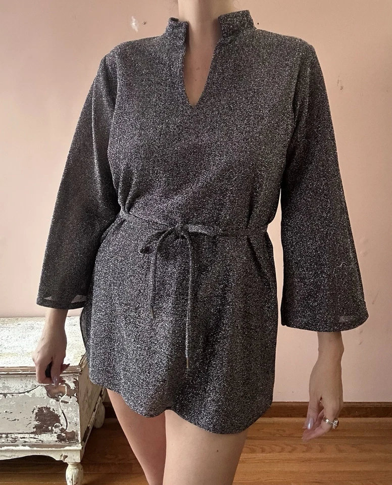 Mini Vestido Túnica Micro Brillante Vintage Años 70 Brillante Disco Fiesta Manga Campana M L Foto 2 de 4