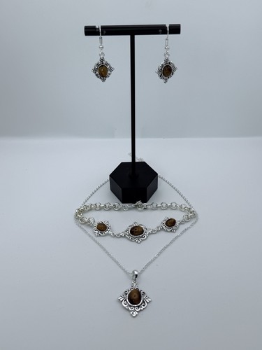 New Vintage Style Tiger Eye Necklace & Earrings Bracelet Silver Tone Set - Picture 2 of 13