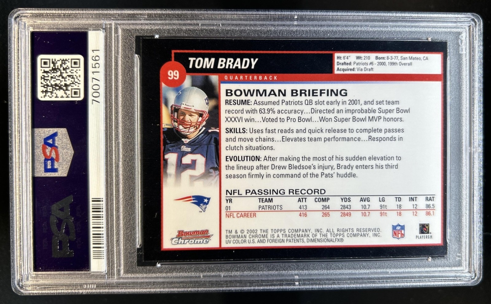 2002 Bowman Chrome Tom Brady #99 Patriots PSA 10 GEM MINT view 2