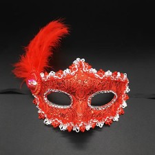 Masquerade Party Mask Venice Venetian Style with Feather Sequins in Red