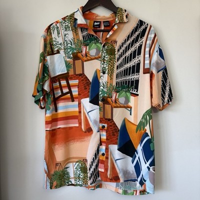 STWD Pull & Bear Landscape Shirt Summer Hawaiian Vacation Size Medium Flaw