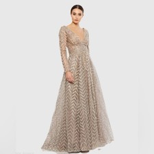 Mac Duggal Womens Size18 Beige EmbellishedIllusion Long Sleeve A-LineGown NWT